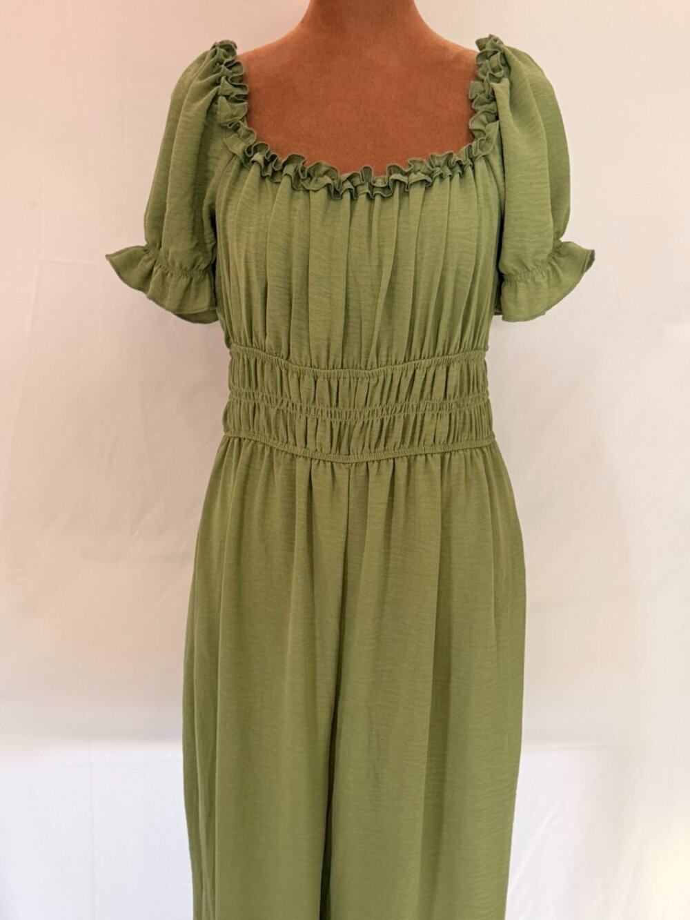 Inspired Hearts Green Empire Waist Jumpsuit Balloon Sleeves Size L 52” Length